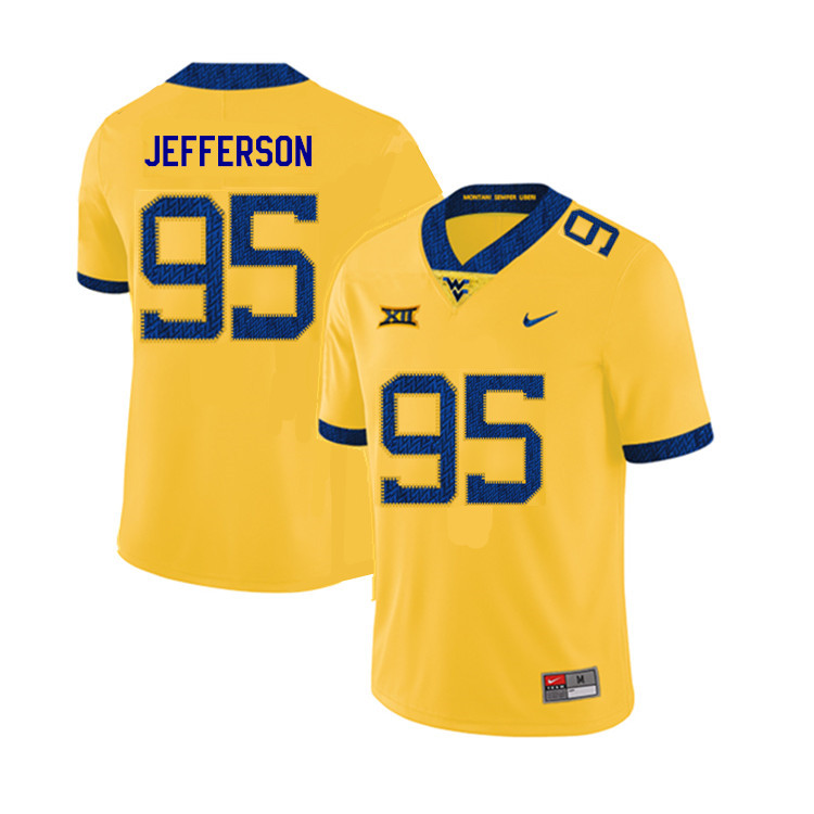 2019 Men #95 Jordan Jefferson West Virginia Mountaineers College Football Jerseys Sale-Yellow - Click Image to Close